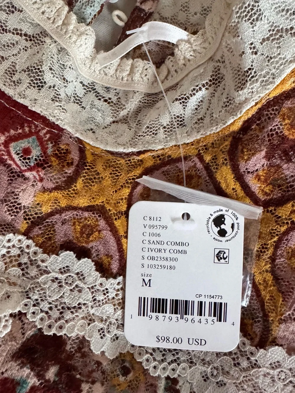 Free People Patchwork Lace Trim Long-Sleeve Blouse in Multi-Color